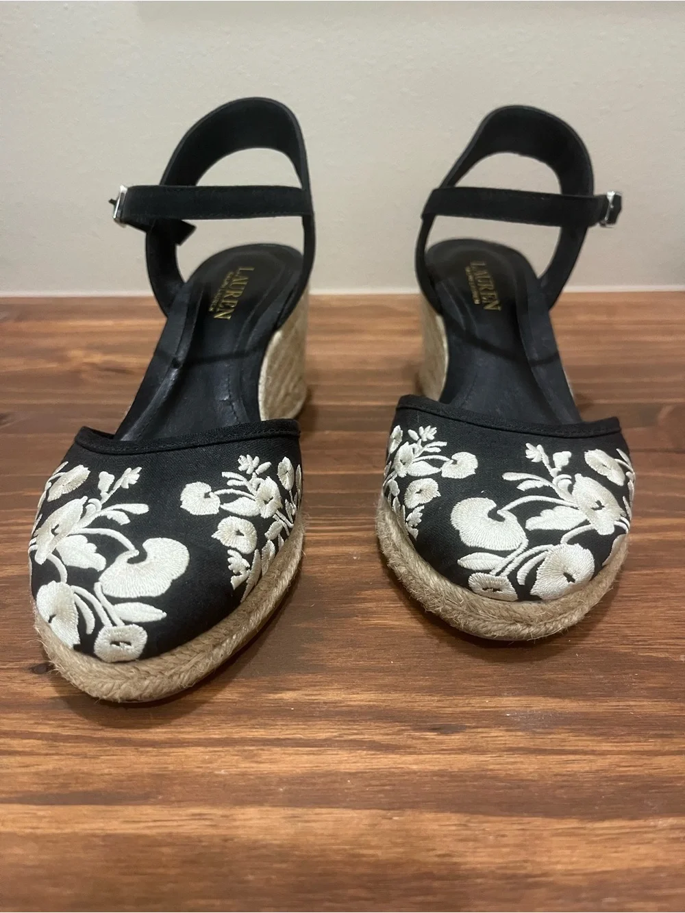 Lauren Ralph Lauren Hayleigh Embroidered Black Wedge Espadrille Wedge Sz 9.5
